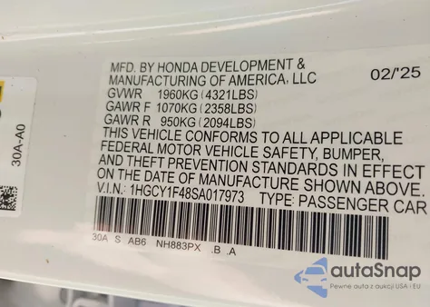 2025 Honda Accord Se from USA, damaged, VIN 1HGCY1F48SA017973